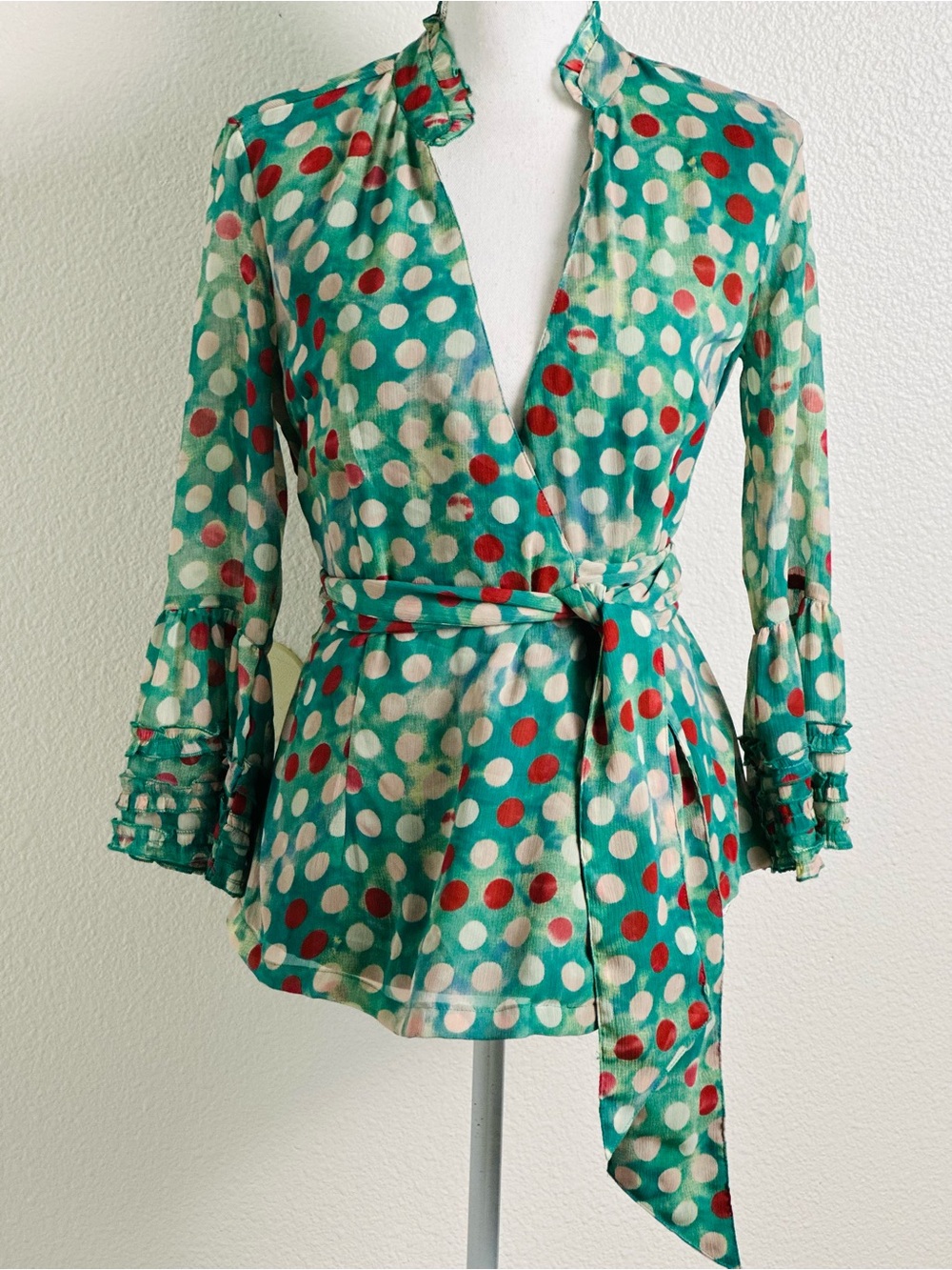 Almatritchi Polka-Dot Wrap Around Blouse Tie Waist Closure Size 38
